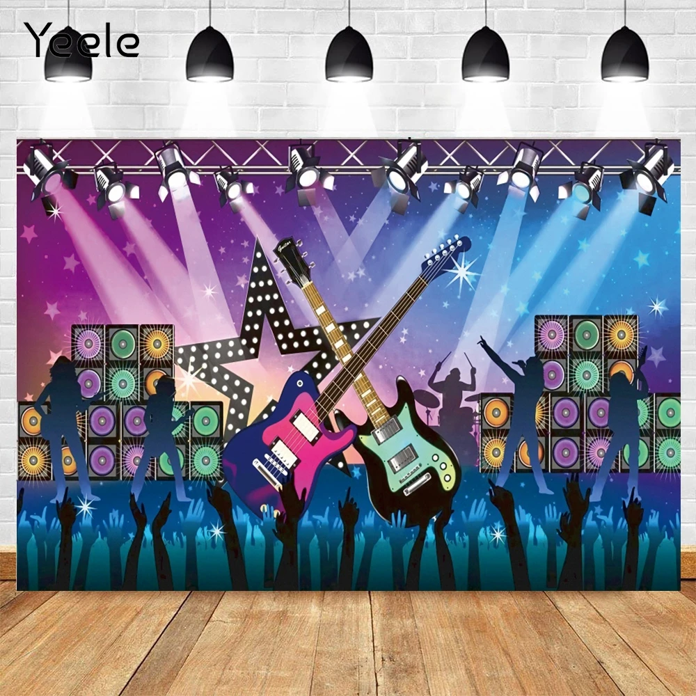 

Hollywood Guitar Disco Music 80s 90s Party Backdrop Stage Light Dance Vinyl Photography Background For Photo Photocall Photozone