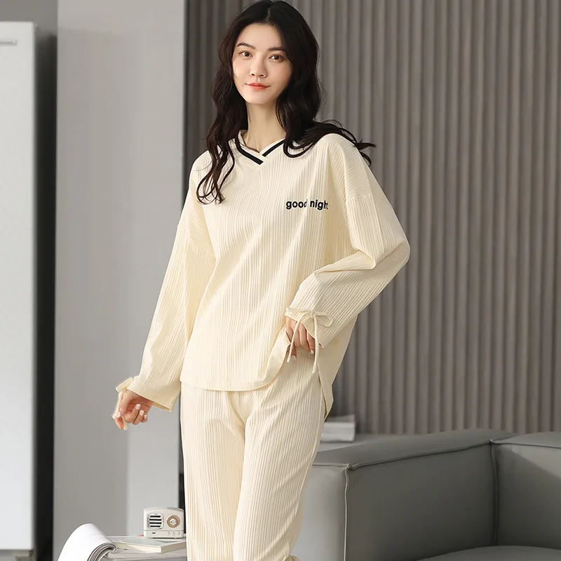 Pajamas Women's Long Sleeved Cotton Simple Leisure Suit Lady Home Clothes 2Pcs Set Sleepwear Female Nightwear Nightgown