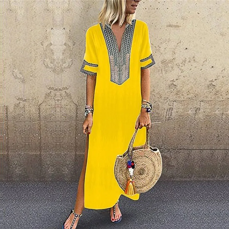 

Fashion Summer Maxi Dress Women's Printed Sundress Casual Short Sleeve Female High Waist Robe Femme
