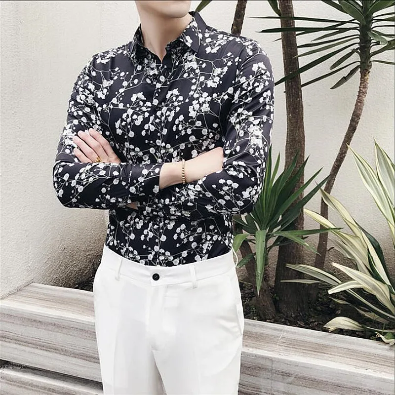 Новая мужская Повседневная рубашка с длинным рукавом модная цветочным принтом