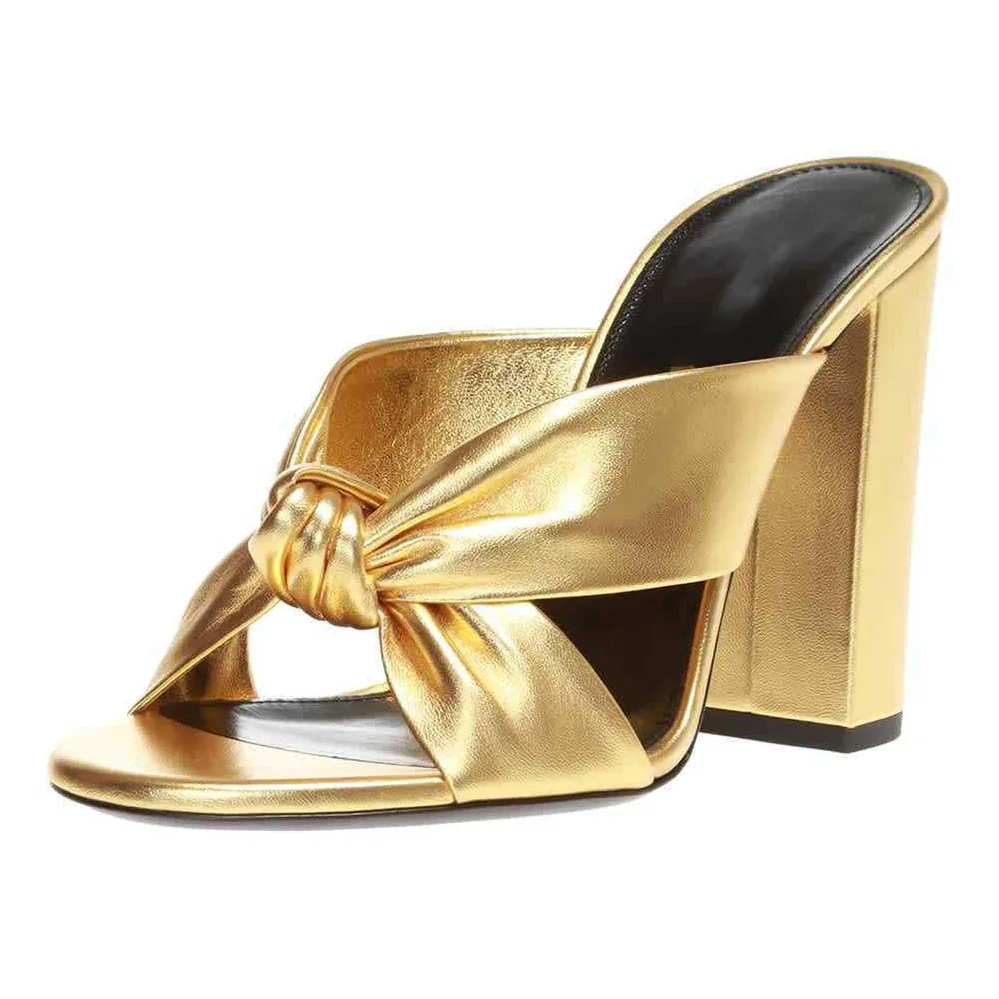 

Gold Metallic Leather Knot Sandals Chunky High Heel Open Toe Mule Sandals 9CM Designer Shoes Summer Women Size 43 Block Heel