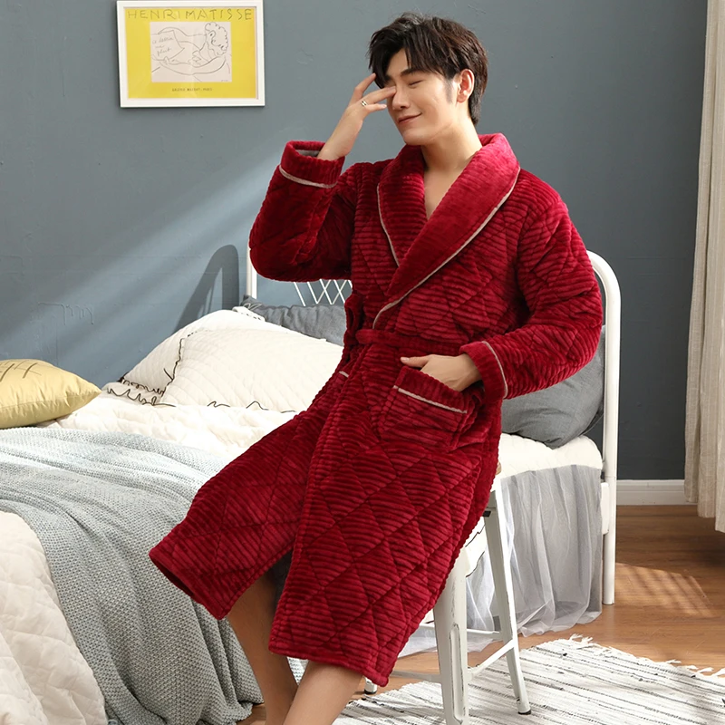 

Men's Bathrobe Autumn Winter Thick Warm Men Robe Long Sleeve Plus Size L-3XL Male Casual Comfortable Soft Kimono Robes