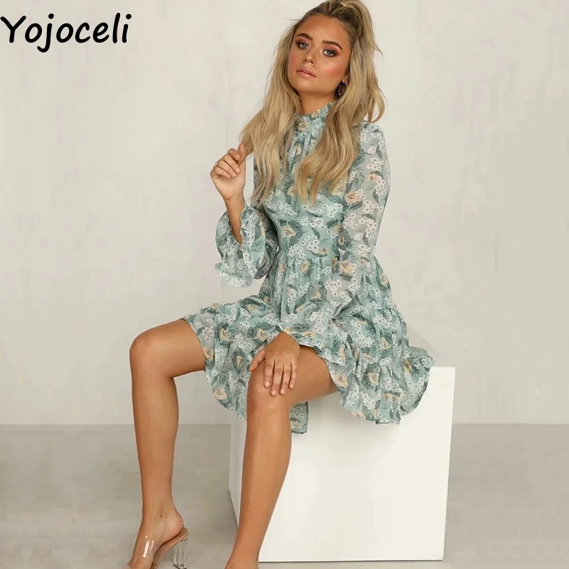 Yojoceli сексуальное шифоновое платье с принтом и рюшами Осеннее повседневное