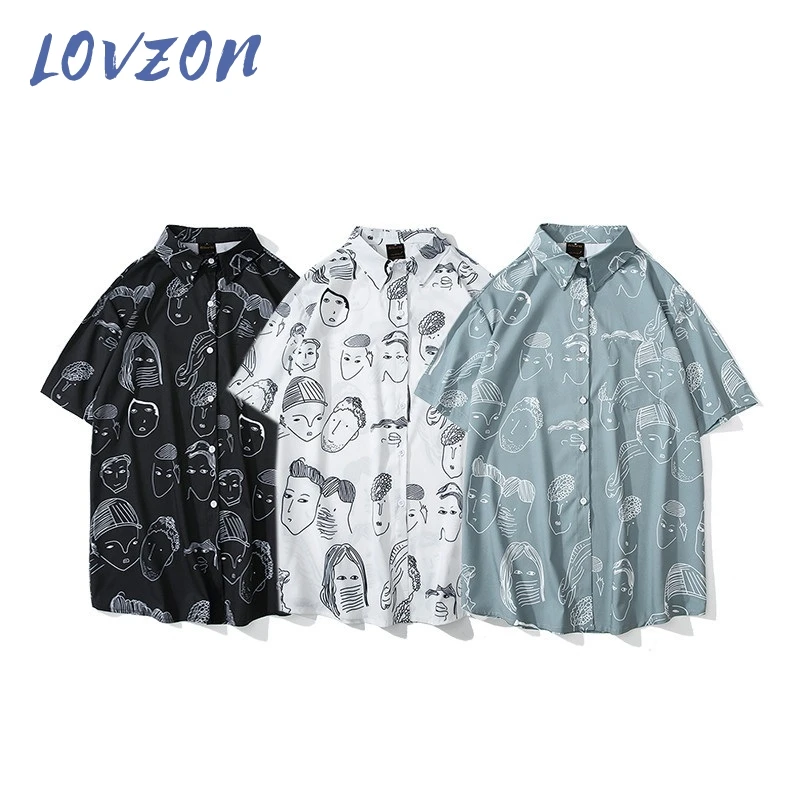 

LOVZON Hot Fashion Summer Men Cartoon Print Turn-Down Collar Loose Short Sleeve Shirt Blouse Men Shirt 2021 Summer New Arrivals