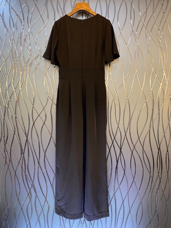 

2021 spring new women's round neck back zipper decoration chest mesh splicing short sleeve solid color Jumpsuit 303