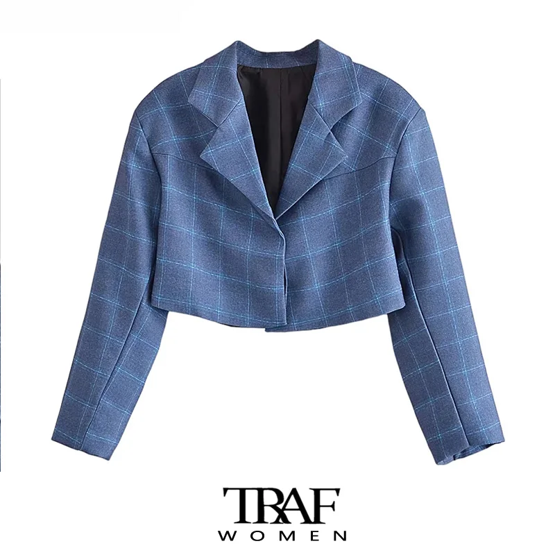 

TRAF Women Fashion Plaid Cropped Blazer Coat Vintage Long Sleeve Hidden Breasted Female Outerwear Chic Veste Femme