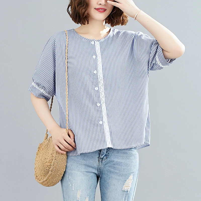 

COIGARSAM Casual blouse women New Summer Short Sleeve Striped Loose Lace blusas womens tops and blouses Blue Stripe 7159