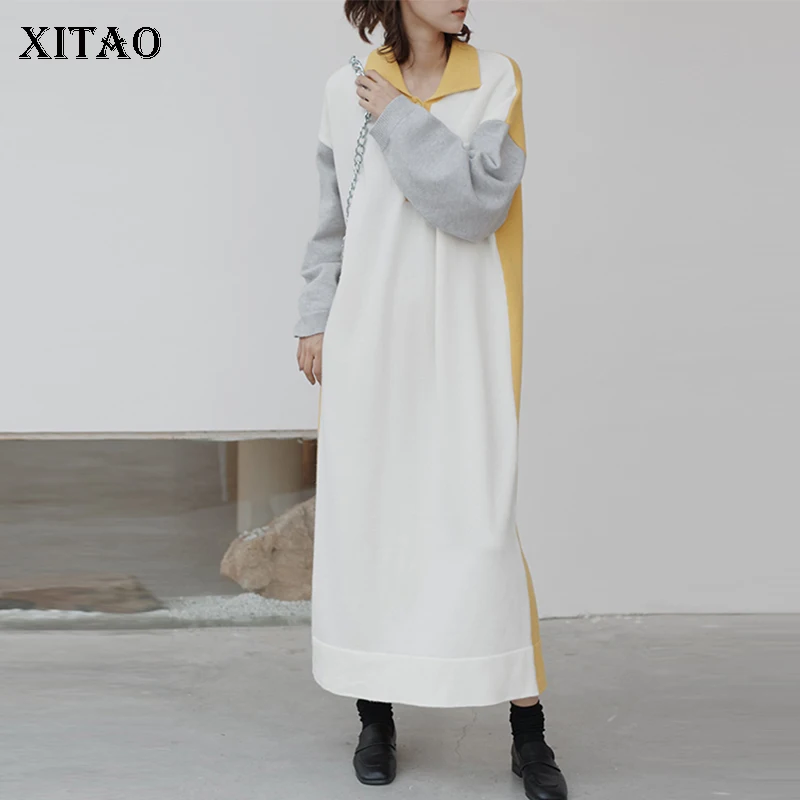 XITAO вязаное Длинное свободное платье женская одежда 2019 зима отложной воротник