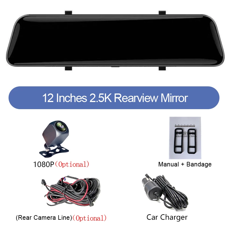 

ADDKEY 12 Inch Car DVR 1440P Stream Media Touch Screen For Auto Dual Lens Video Recorder Rearview Mirror 2.5K Backup Camera