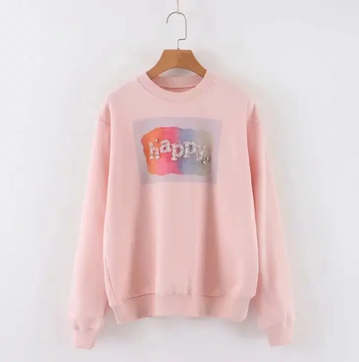 

HCBLESS 2019 autumn new beaded letter pink sweatshirts college wind loose hoodies sweatshirts wild top