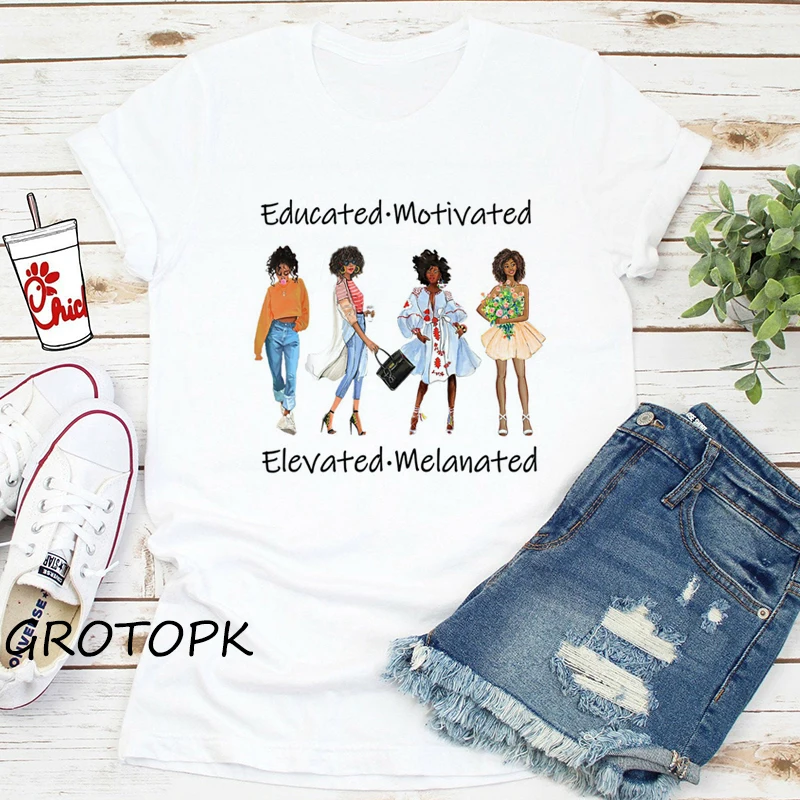 Melanin Poppin T-shirt Black Girl Harajuku Ulzzang T-Shirt Female Magic Korean Style Top Tee Shirts Woman Clothes | Женская одежда