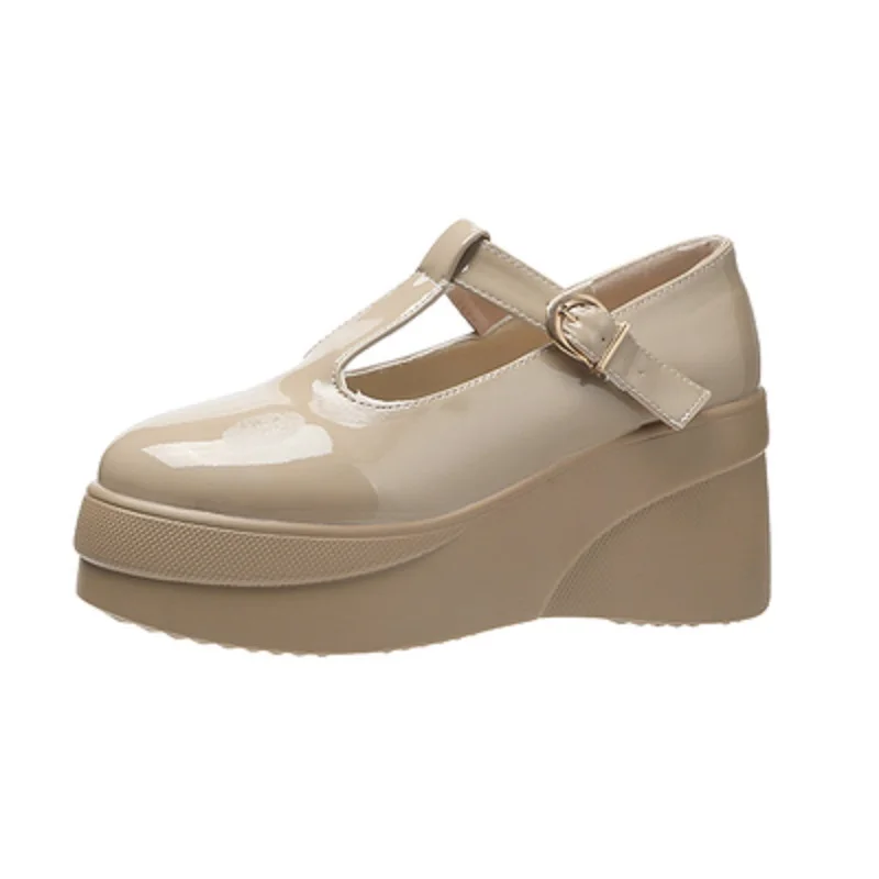 

Spring And Autumn Fashion New Mary Jane Word Buckle Ladies Small Leather Shoes Korean Style Slope Heel Casual Platform Shoes.