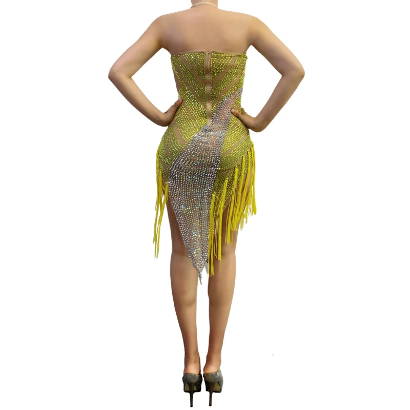 

Yellow Tassel Latin Rhinestone Fringes Dress Mesh Transparent Dress Birthday Celebrate Stones Dancer See Through Costumes XS1042