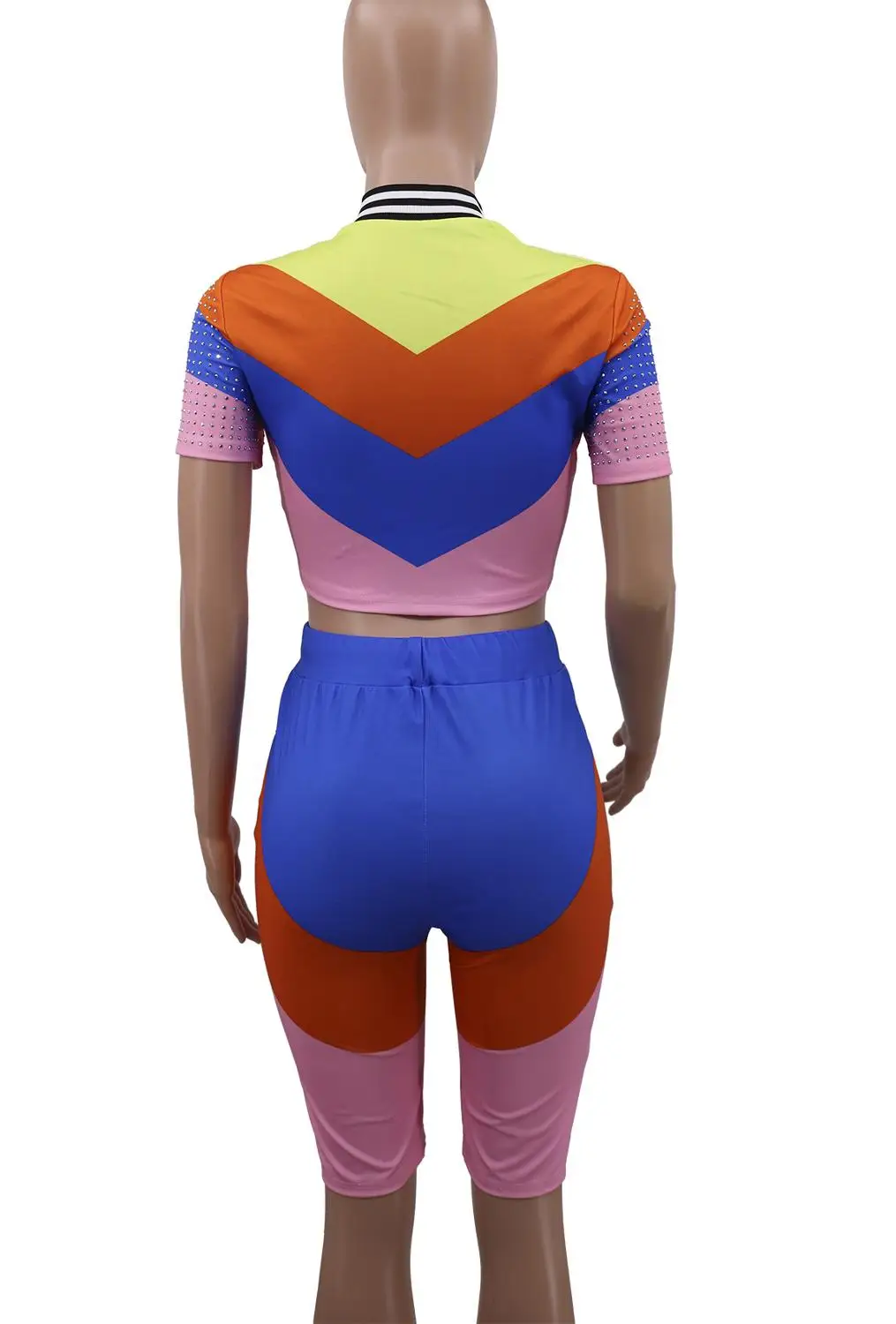 

Colorful Rhinestone Two Piece Shorts Sets O Neck Short Sleeve Crop Zipper Top+Shorts Casual Outfits Women Club Sexy Suits Plus