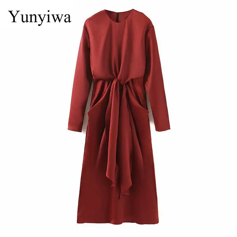 2020 женское однотонное платье с круглым вырезом и длинным рукавом повседневные