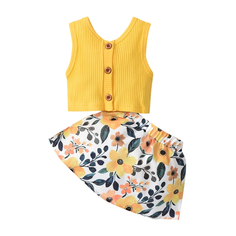 

2 Pcs Infant Summer Outfits, Baby Girl Sleeveless Ribbed V-Neck Button Tank Top + Flower Print Skirt (Yellow)
