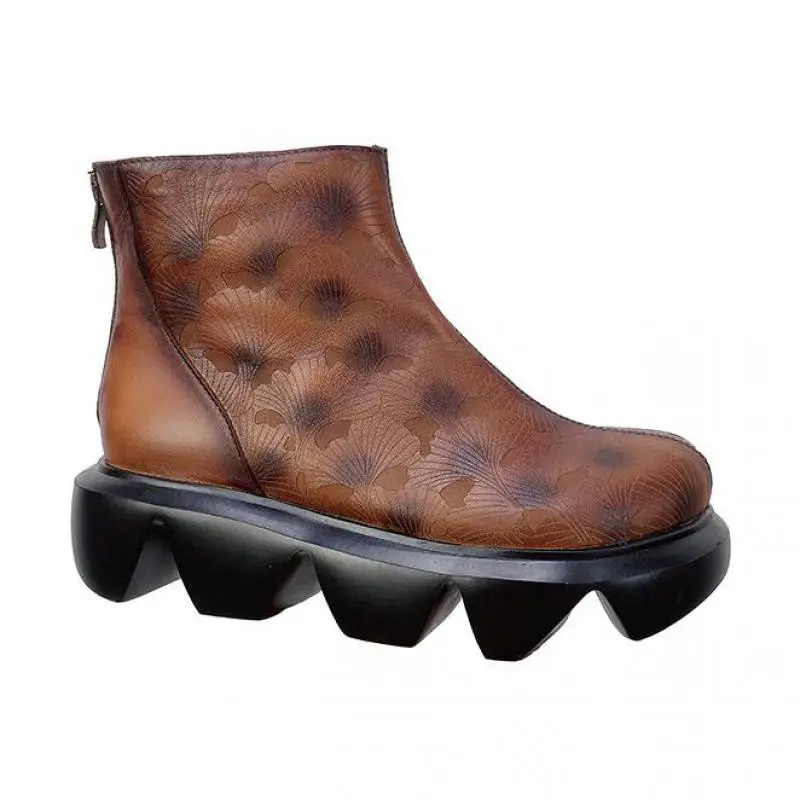 

Johnature Ankle Platform Boots Genuine Leather 2021 New Women Shoes Round Toe Zip Winter Wedges Handmade Concise Women Boots