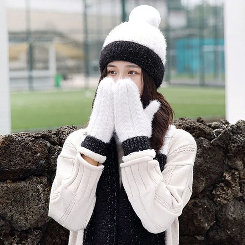 Шарф шапка набор перчаток женские шапочки с помпоном вязаные шапки осень зима