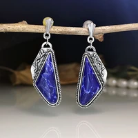 retro triangle blue natural stone earrings for women new arrival geomtric leaf earrings femals statement earring fashion jewelry