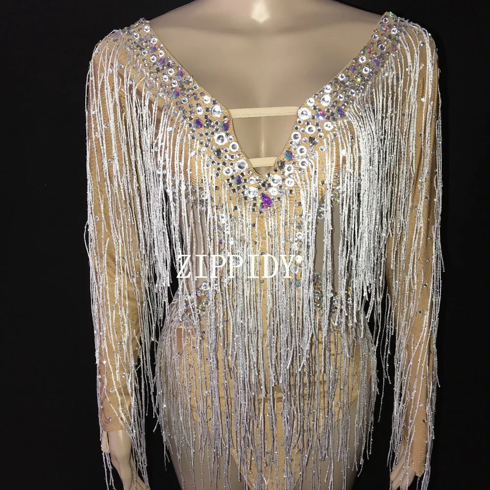 Откровенное Серебряное платье стразы с бахромой одежда для латиноамериканской