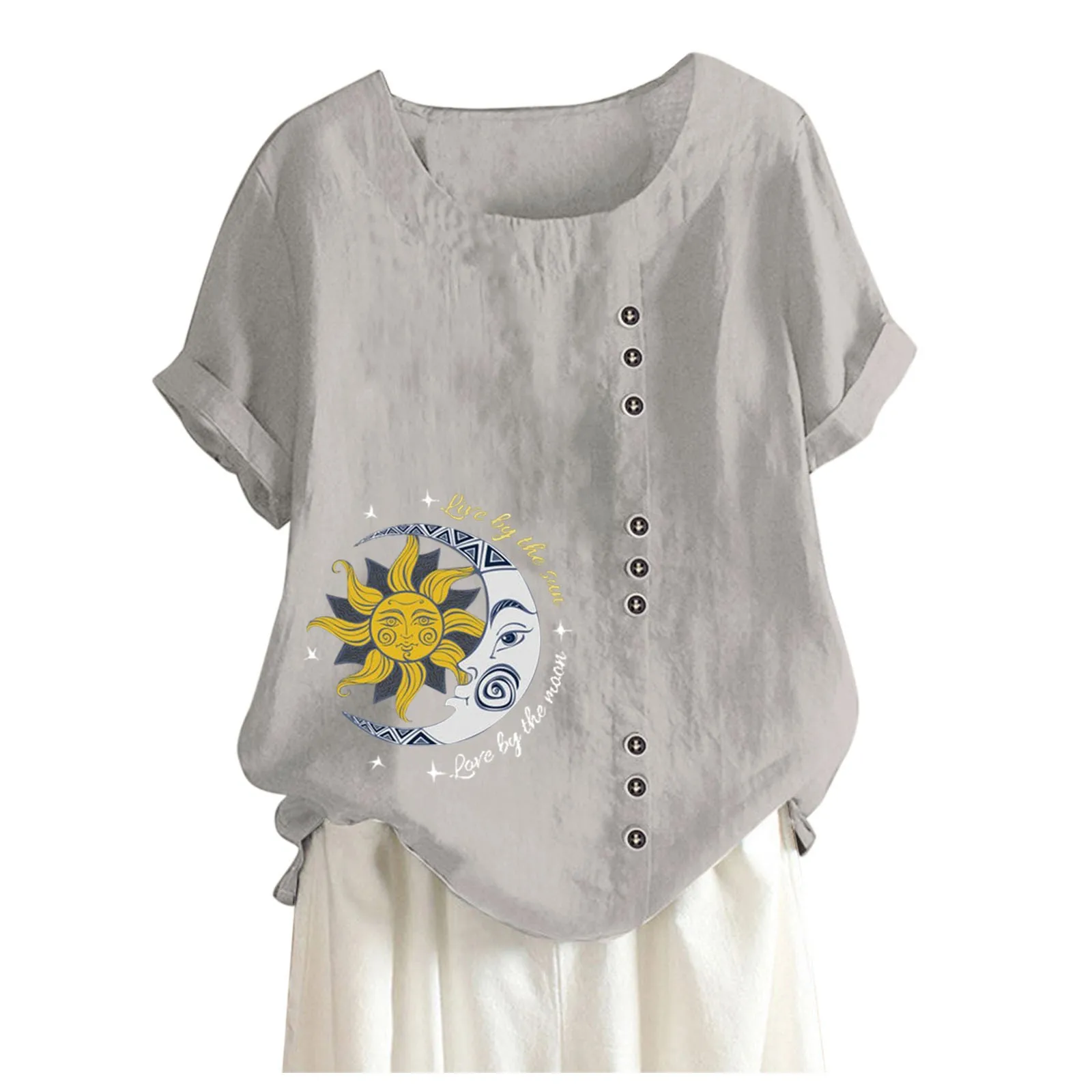 

Plus Size Women's T-shirts Summer O-neck Short Sleeve Blouses Retro Sun And Moon Print Loose Pullover Top Ropa Mujer 2021#fs