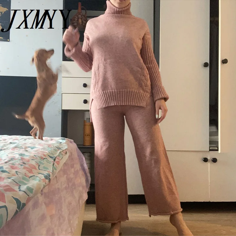 Qiu Dong Han Edition Turtleneck Split With Thick Sweater Wide-Legged Pants Two-Piece Goddess Languid Is Lazy Wind Loose Knitted |