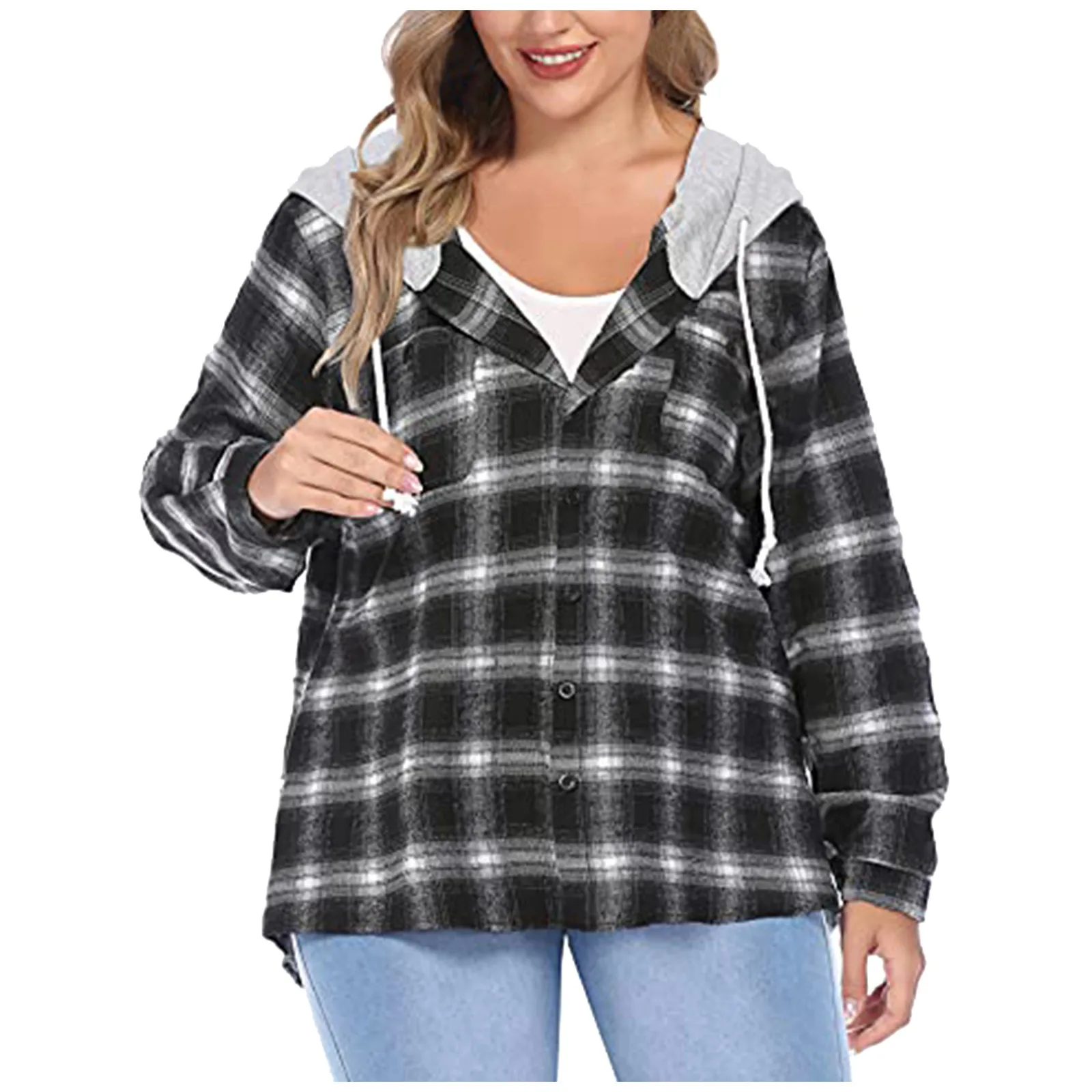 JAYCOSIN Women Sweetshirts Plus Size Plaid Hoodie Long Sleeve Shirt Jacket Button Down Casual Hoodie Shirts Harajuku Oversized