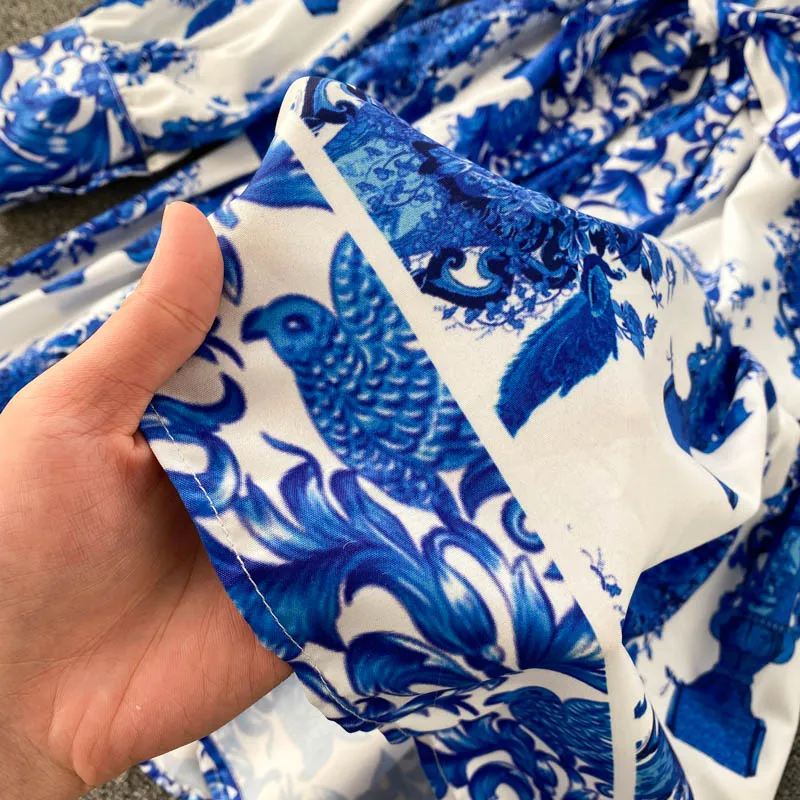 

Chinese Style Lady Palace A-line Midi Dress Women's Spring and Summer Elegant Blue and White Porcelain Temperament Lace-up Dress