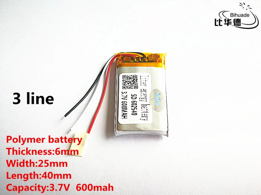 

10pcs/lot 3 line Good Qulity 3.7V,600mAH,602540 Polymer lithium ion / Li-ion battery for TOY,POWER BANK,GPS,mp3,mp4