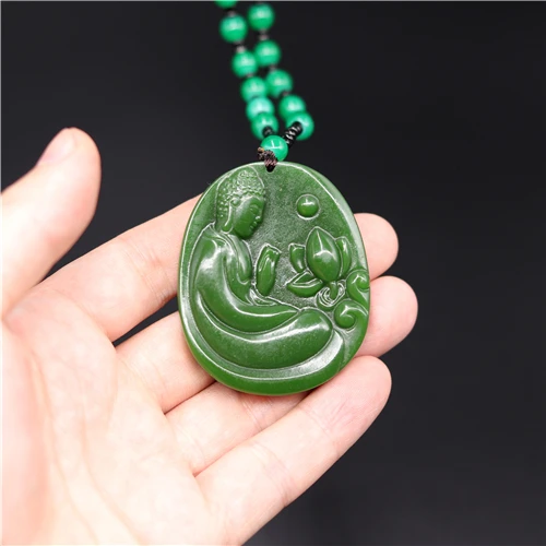 Натуральный зеленый китайский Нефритовый Кулон Будда Лотос ожерелье