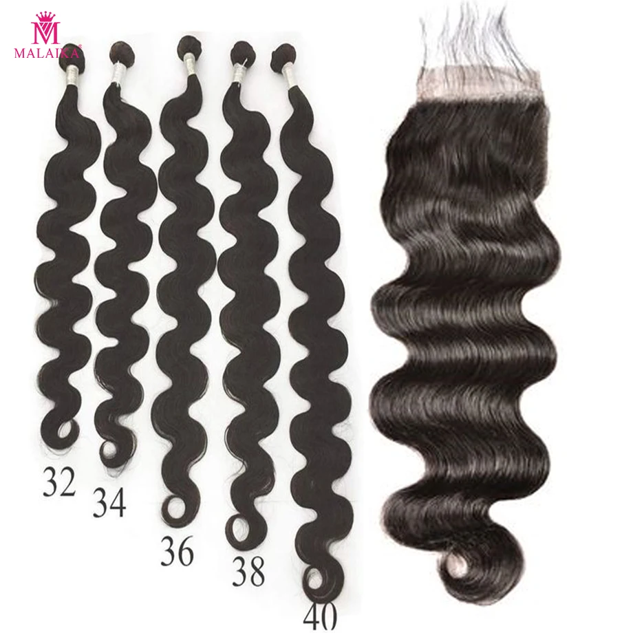 Malaika 28 30 40 inch  3/ 4 Body Wave Bundles With Closure Brazilian Hair Weave Bundles With Lace Closure 4x4 Remy Human Hair