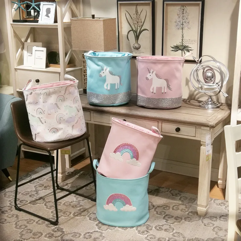 

Folding Canvas Storage Basket Unicorn Rainbow Ins Portable Bedroom Clothes Home Storage Bucket Cotton Hamper Laundry Basket