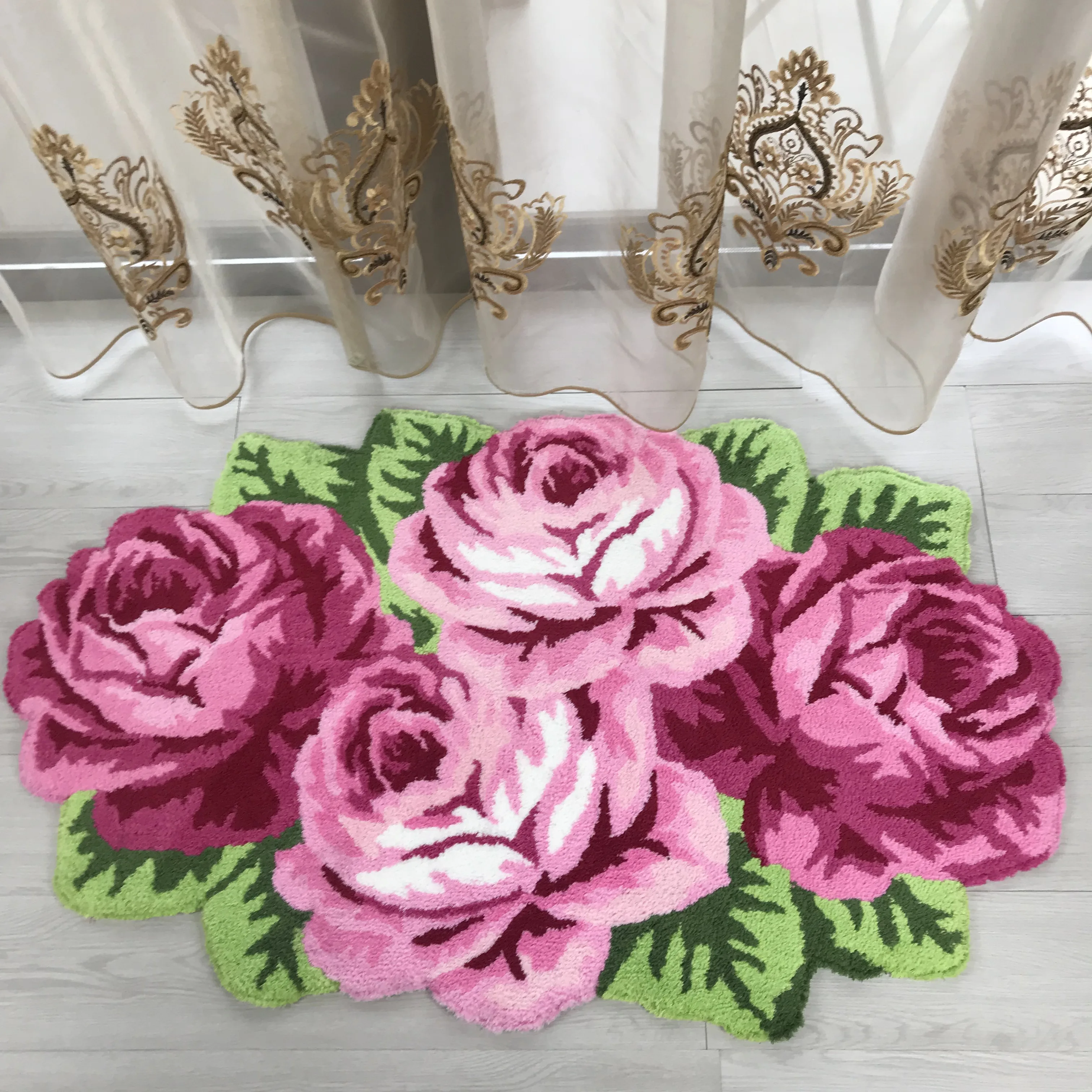 

Imitation Rose Flower Shape Flocking Carpet Living Room Door Pink Red Purple Small Carpet Anti-slip Mat