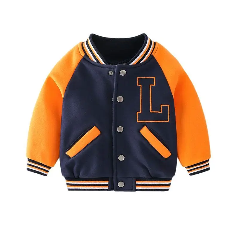Autumn Winter Baby Boys Outerwear Thick Warm Plus Velvet Coat For Kids Embroidered Baseball Jackets Children Clothing 2-6 Years