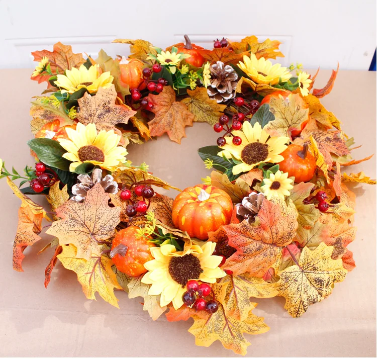 

50cm Autumn Pumpkin Wreath Thanksgiving Halloween Artificial Flowers Welcome Wreath Door Ornaments Party Home Decoration