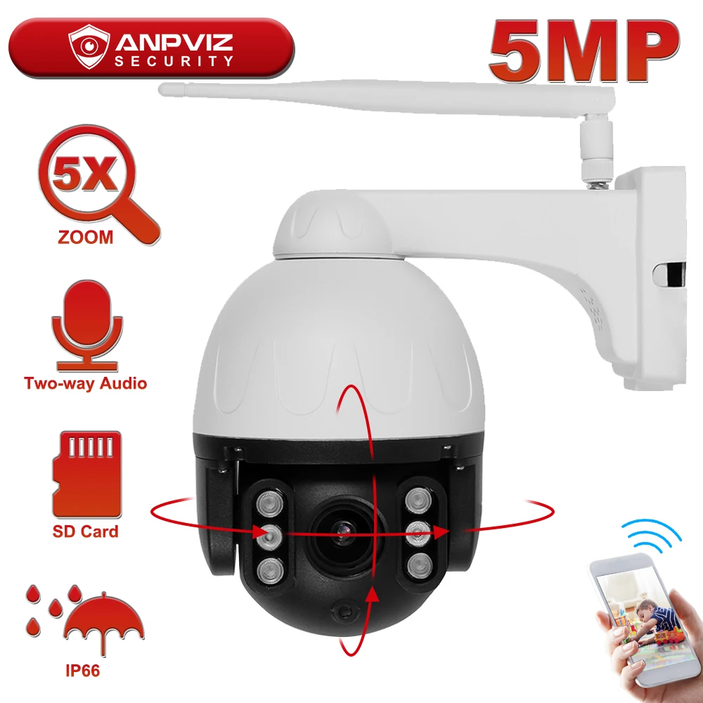 

Anpviz 5MP WIFI IP PTZ Camera 5X Zoom Outdoor Wirelese Security Camera Two-Way Audio Built-in Mic and Speaker 60m IR Distance