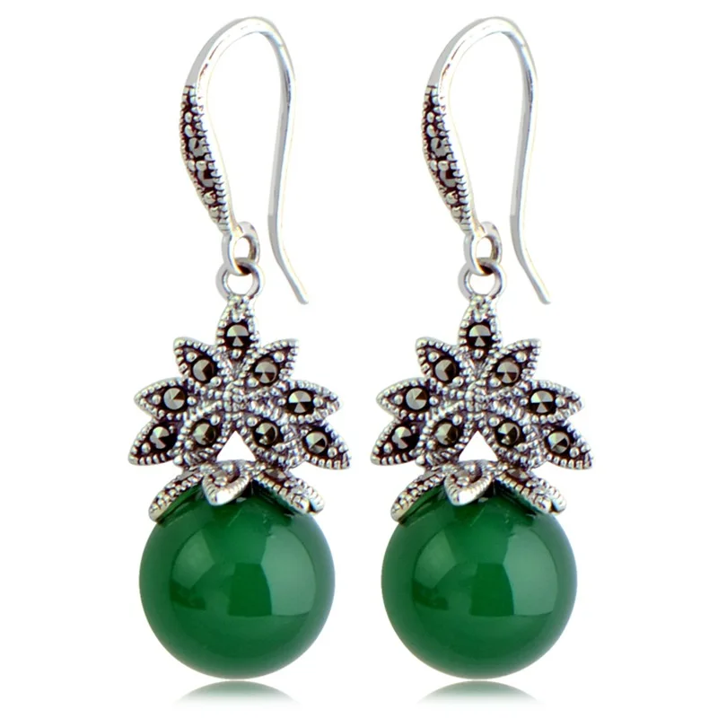 Женские серьги с натуральным зеленым камнем из стерлингового серебра 925 пробы