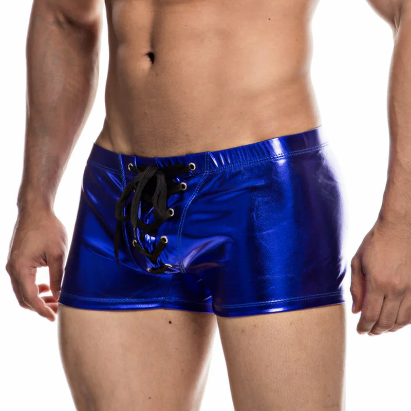 

Bronzing Mens Lace-up Boxer Shorts PU Leather Boxers Underwear Low Waist Boxershorts Calzoncillos Party Dancewear Stage Clubwear