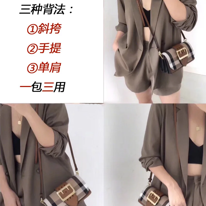 

2020 new bag Plaid canvas bag wide shoulder strap leather women's bag single shoulder crossbite retro small square bag