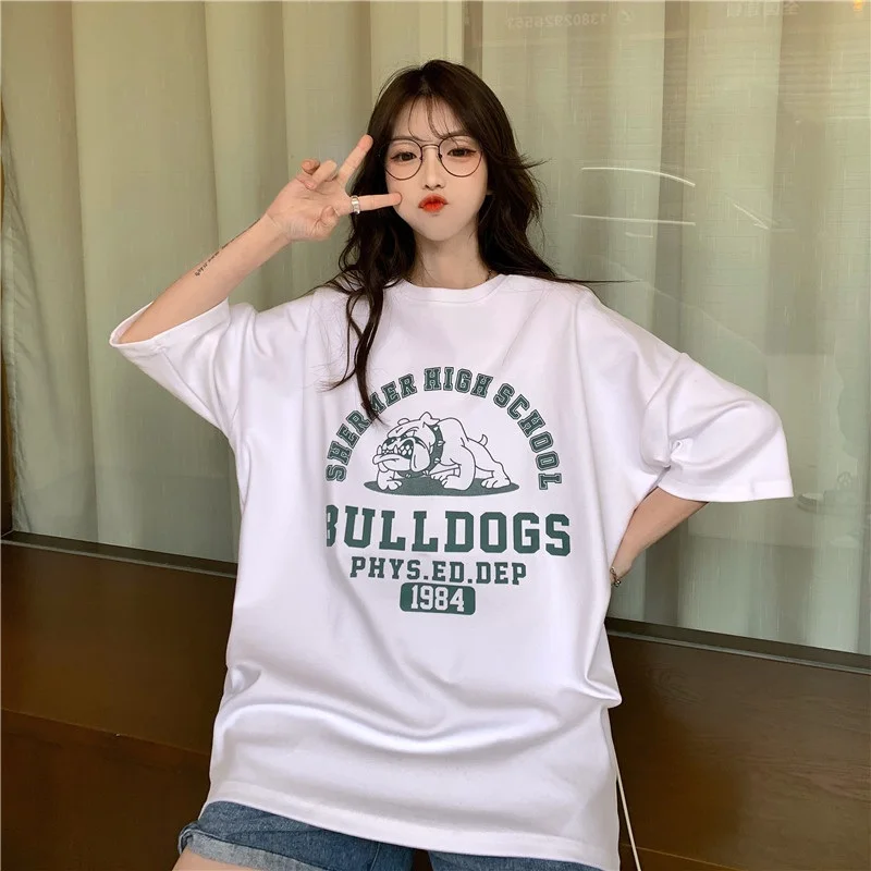 

2021 New Summer College Style Cartoon Letter Printed Round Neck Short Sleeve LARGE T-SHIRT blouse