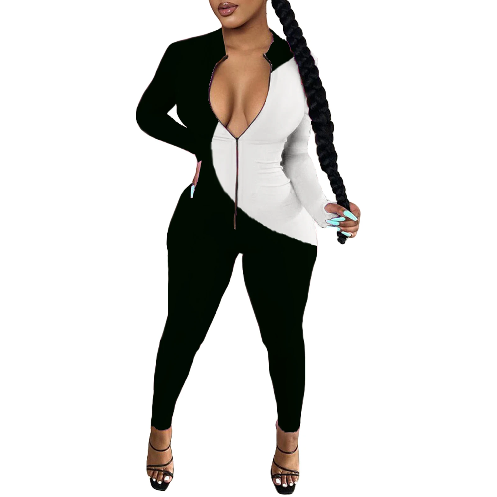 

Women rompers Fashion Color Block Jumpsuit Stylish Long Sleeve Zipper Jumpsuit for Ladies long pants sexy Tight large size