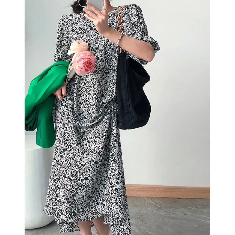 

Elegant Chiffon Short Sleeve Floral Mixi Dress Women Summer 2021 Loose Boho Dress Side Drawstring Sukienka Femme Robe