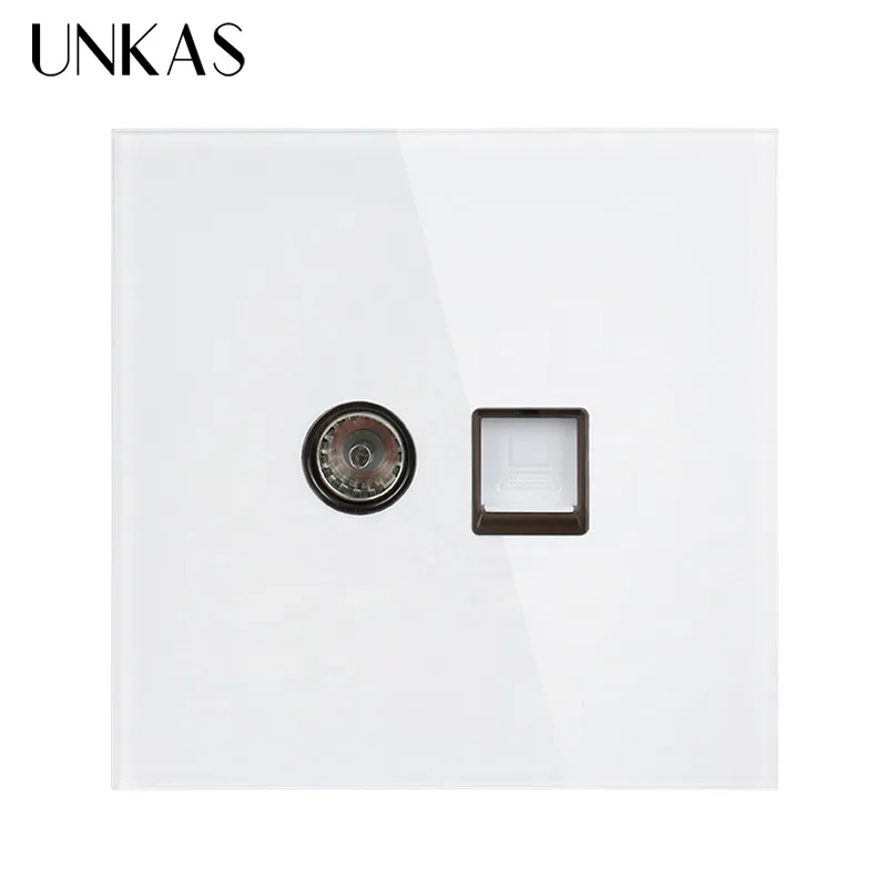 UNKAS White Luxury Crystal Tempered Glass Panel RJ45 Internet Jack With TV Outlet Wall Data Computer Socket