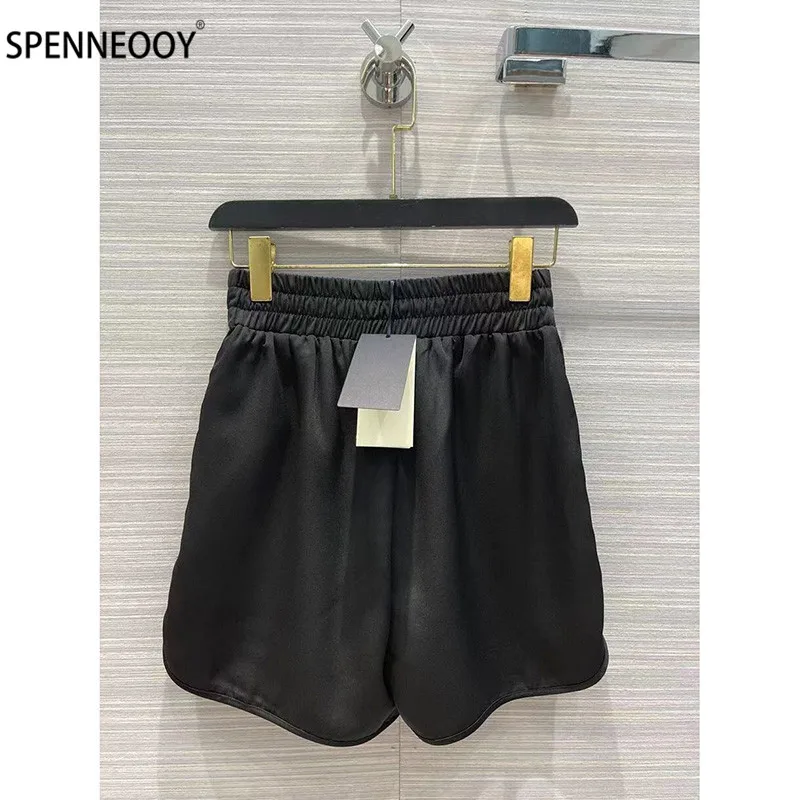 SPENNYMOOR  Designer Brand Summer Casual Shorts Women Elastic Waist Letter Print Lining Shorts