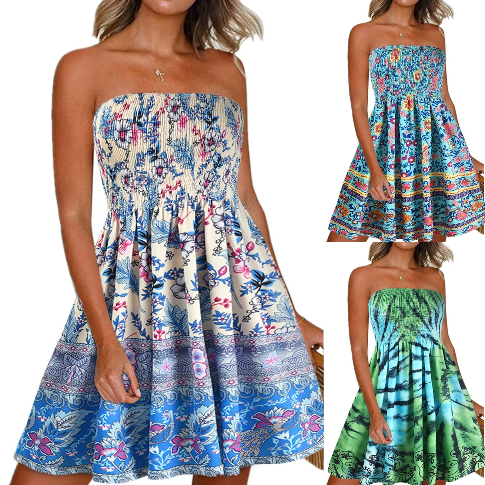 

62# Vintage bohemian dress Women Summer Tube Top Boho Print Casual Loose Beach Dress robe sukienka A-line mini Dresses