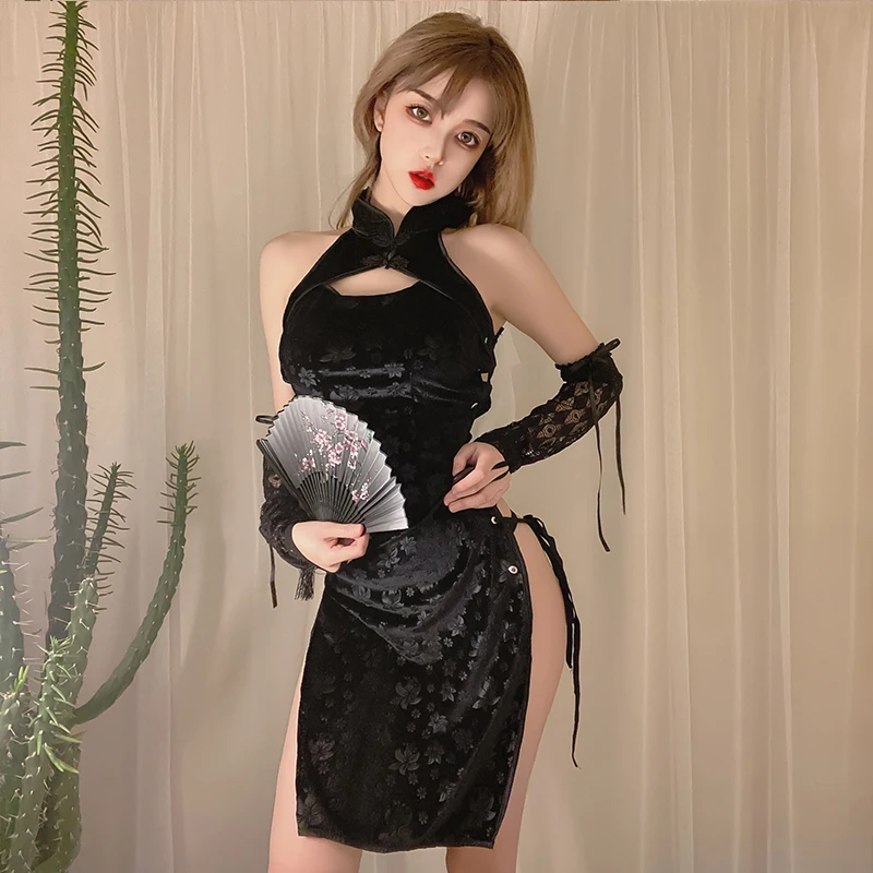 

Black Sexy Lingerie porno Chinese Traditional Dress Bandage Temptation Side Slit Hollow Cheongsam Qipao excite mini babydolls