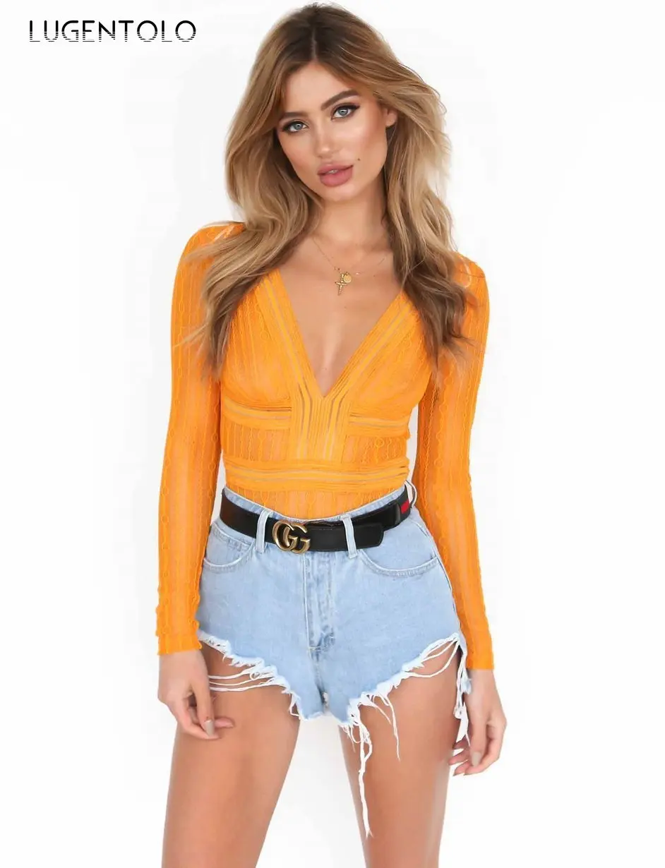 Lugentolo Women Jumpsuit Fashion Top Hollow Summer Sexy Lace Solid Stripe V-neck Long Sleeve Casual Bodysuits | Женская одежда