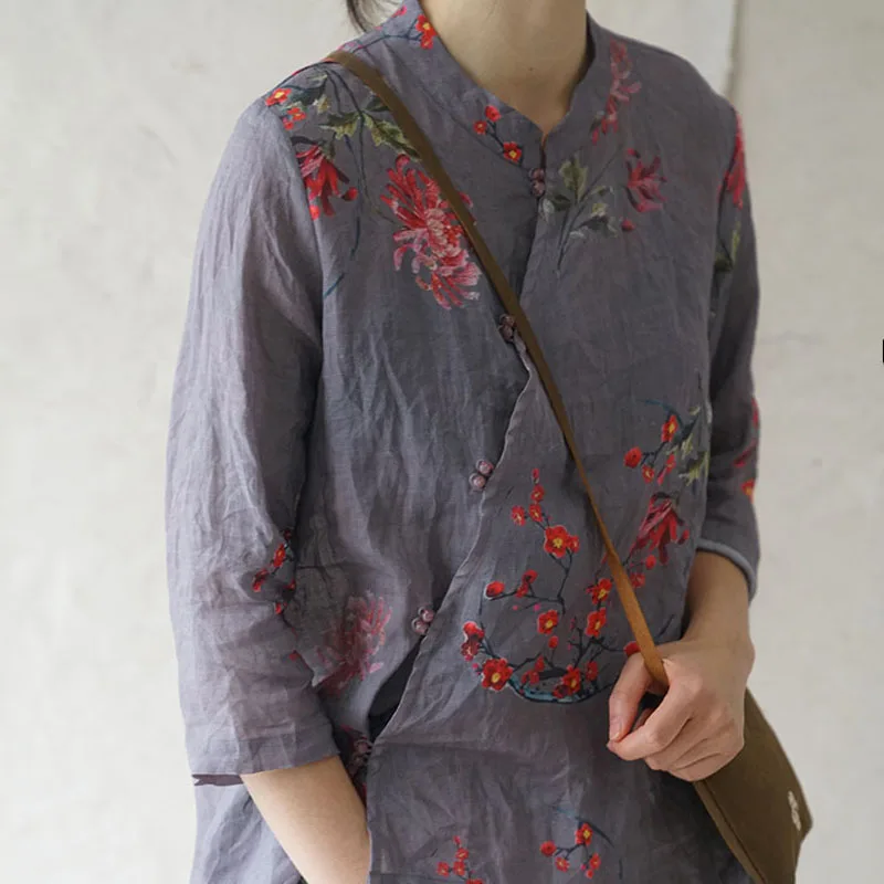 Рубашка женская Johnature свободная из хлопка и льна с подставкой пряжкой принтом