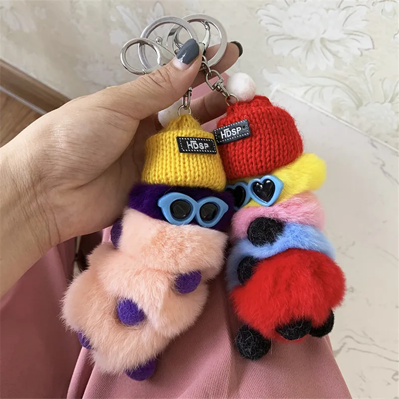 Women Genuine Rex rabbit fur Pendant Colorful caterpillar Fur Keychain Fluffy Toy Bag Car Charm Key Ring Couple Hanging chain | Украшения и