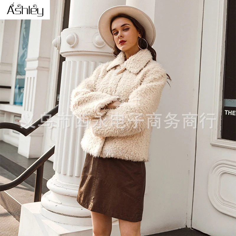

Ashley Elegant pink shaggy women faux fur coat streetwear Autumn winter warm plush women coat Female office ladies overcoat